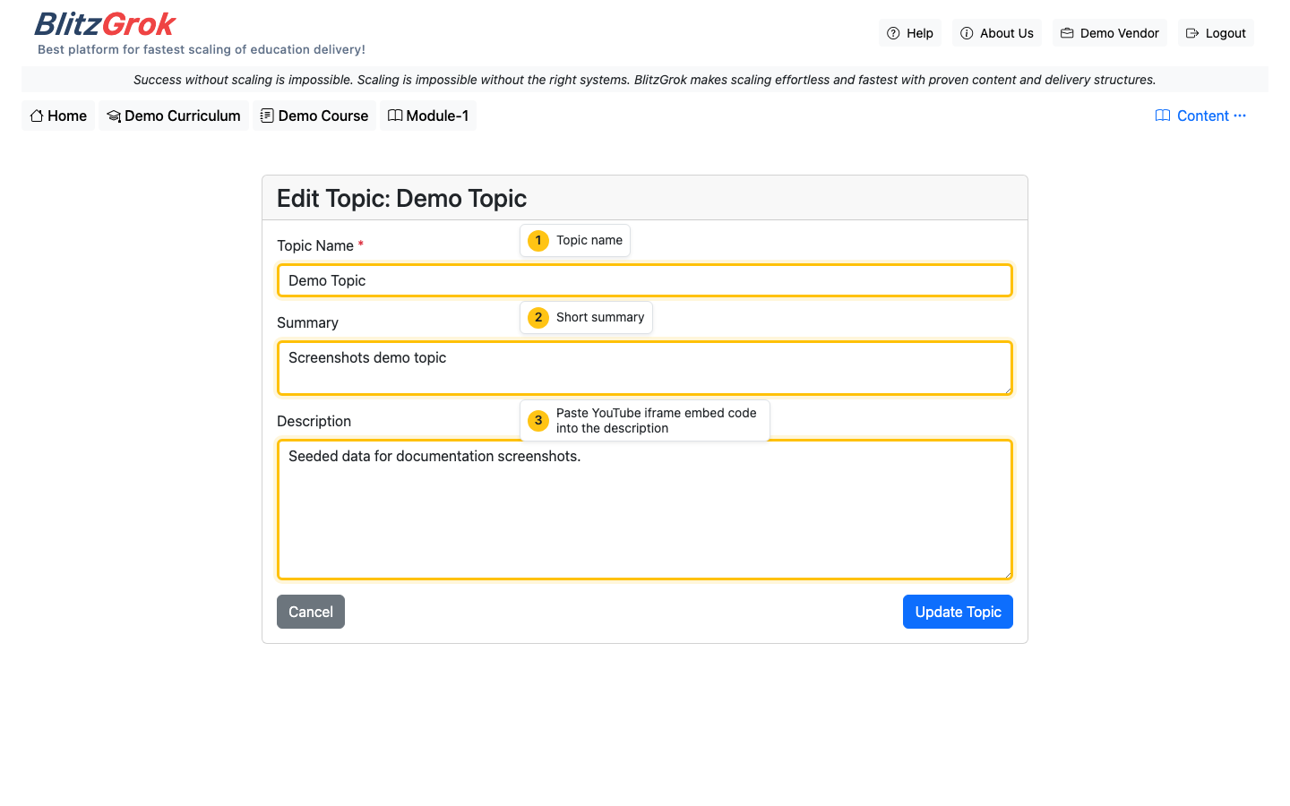 Topic edit form showing description